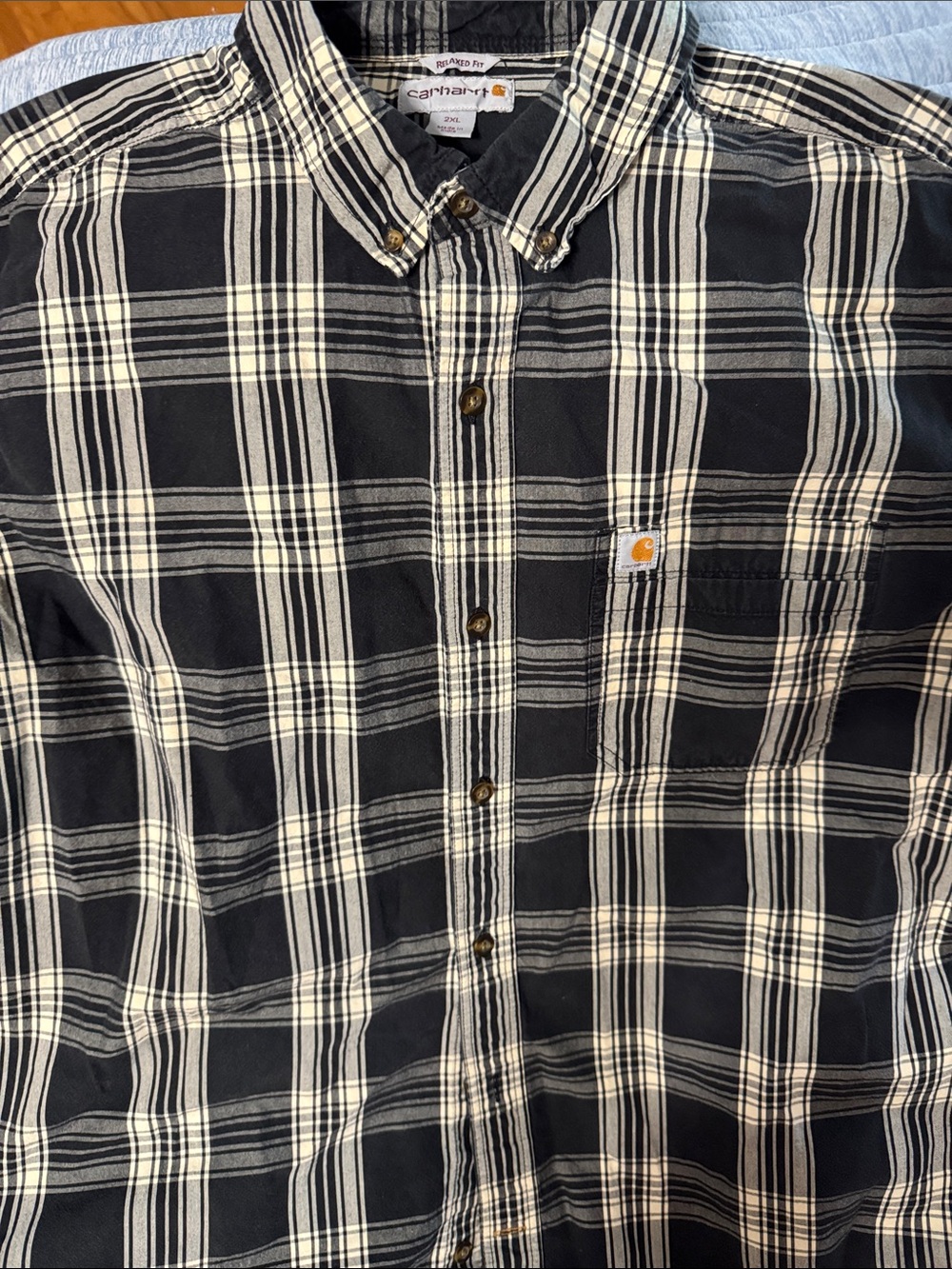 Carhartt Men’s Black and White Plaid Button-Down Shirt with Chest Pocket